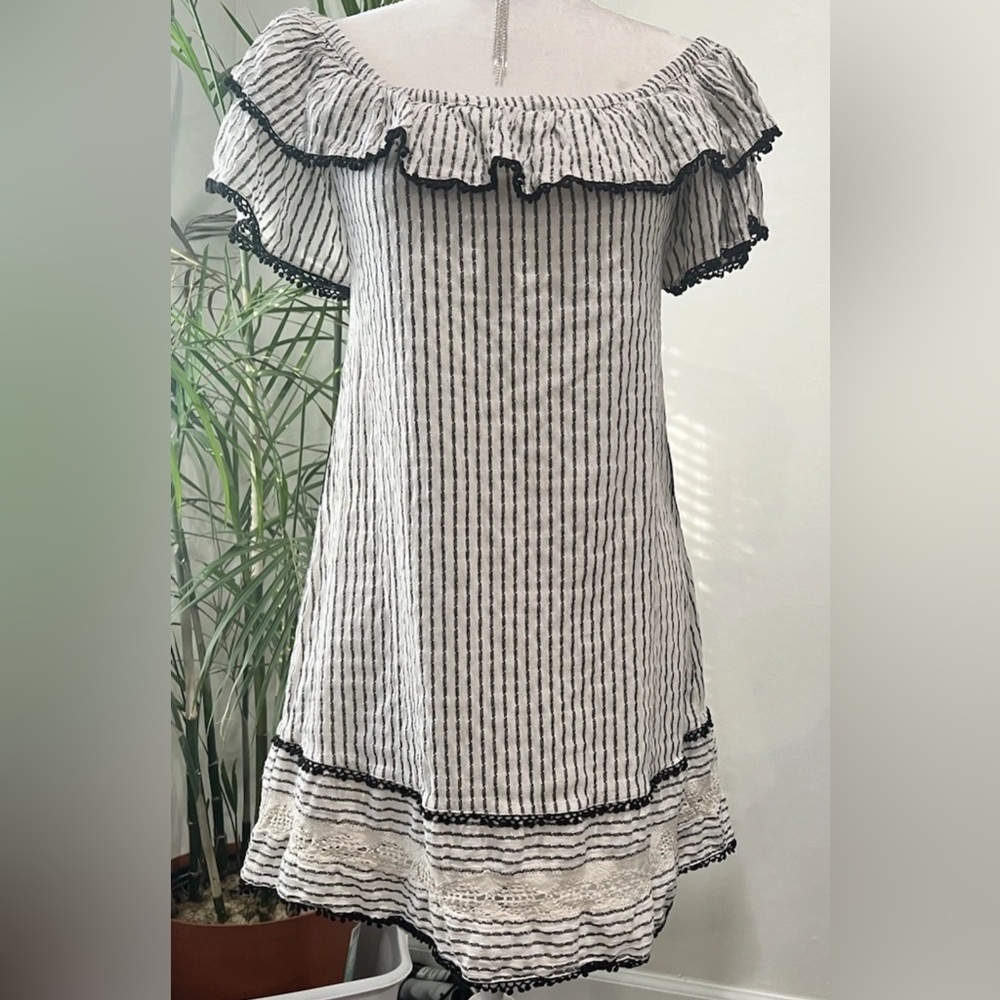 Zara Black and White Striped Ruffle Mini Dress